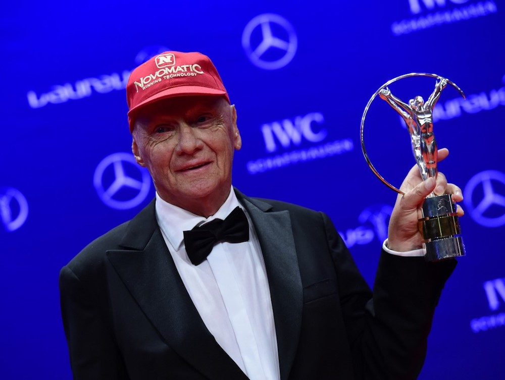 Austrian Formula One driver Niki Lauda poses with his trophy in the category Lifetime Achievement at the Laureus World Sports 2016 Awards Ceremony in Berlin April 19, 2016. u00e2u20acu201d AFP pic