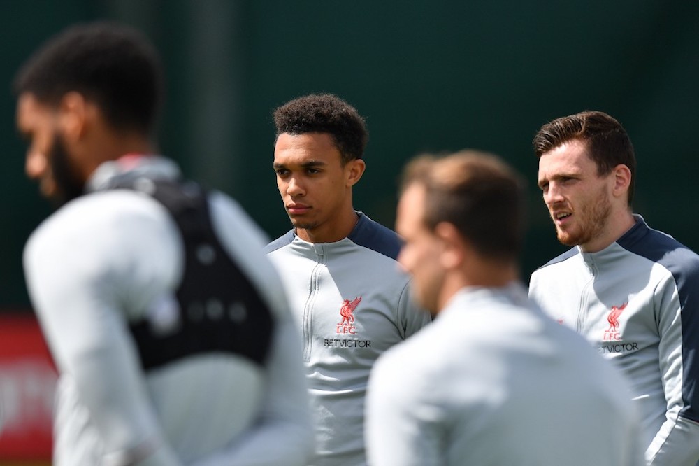 Liverpoolu00e2u20acu2122s Trent Alexander-Arnold and Andrew Robertson take part in a training session at the Melwood Training ground in Liverpool May 28, 2019. u00e2u20acu201d AFP pic