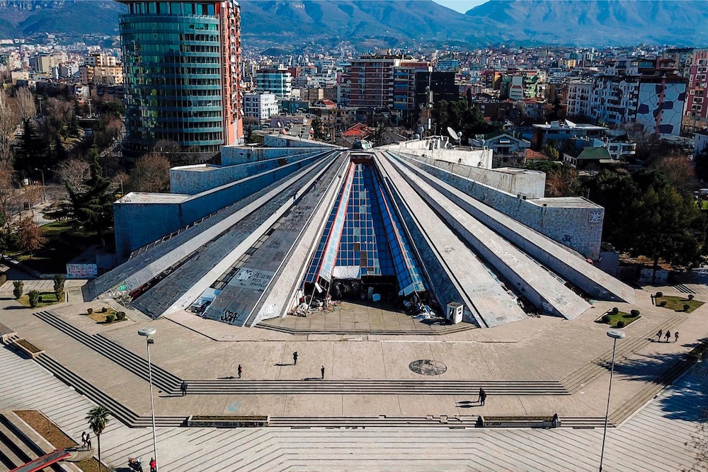 This aerial picture taken in Tirana, Albania, on February 7, 2019 shows a general view of Tirana's pyramid, a former museum that was named after late Albanian communist dictator Enver Hoxha. u00e2u20acu201d AFP pic