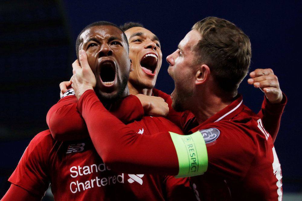 Liverpool's Georginio Wijnaldum celebrates scoring their third goal with Jordan Henderson and Trent Alexander-Arnold at Anfield May 7, 2019. u00e2u20acu201d Reuters pic
