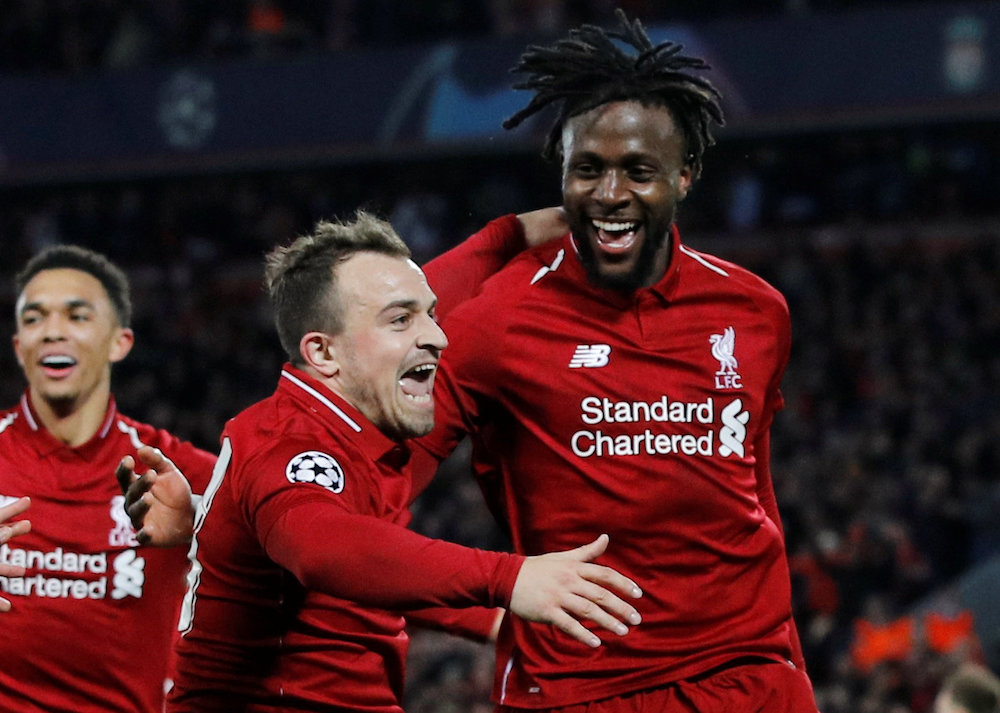 Liverpool's Divock Origi celebrates scoring their fourth goal with Xherdan Shaqiri and Trent Alexander-Arnold, May 7, 2019. u00e2u20acu201d Reuters pic