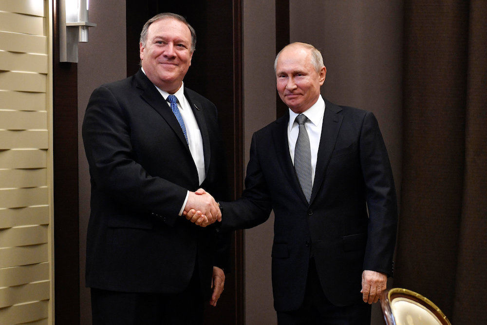 Russian President Vladimir Putin meets with US Secretary of State at the Bocharov Ruchei residence in Sochi May 14, 2019. u00e2u20acu201d Alexander Nemenov/Pool handout via Reuters