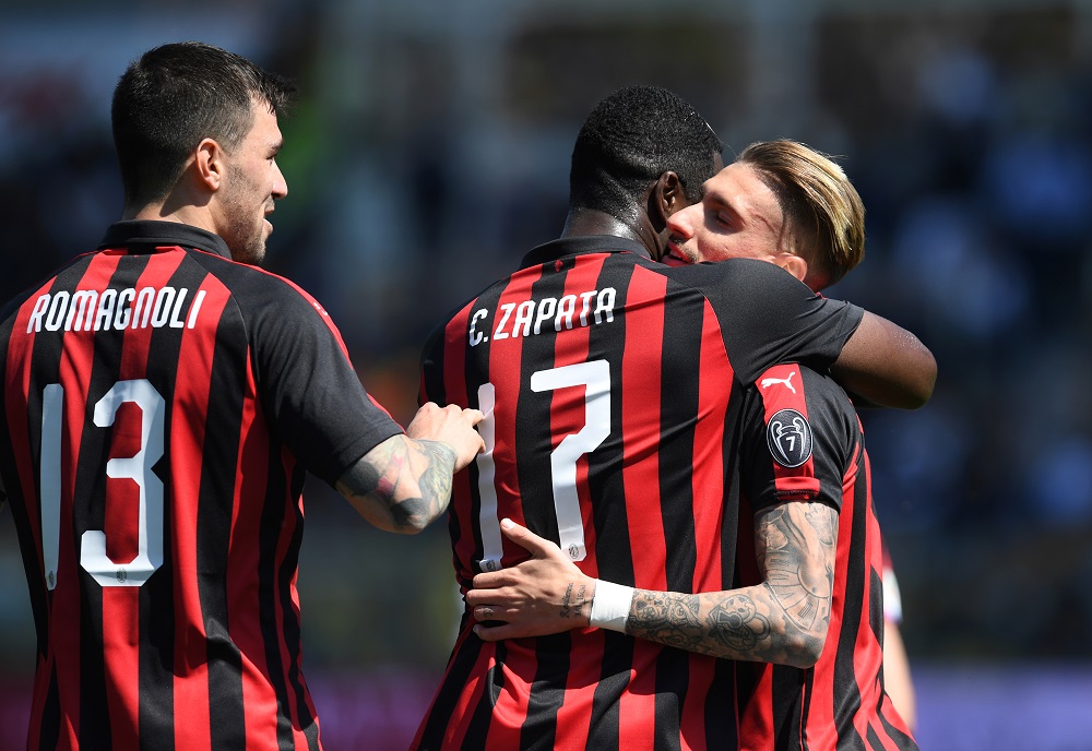 AC Milan's Samu Castillejo celebrates scoring their first goal with Cristian Zapata and Alessio Romagnoli at the Ennio Tarini stadium in Parma April 20, 2019. u00e2u20acu201d Reuters pic