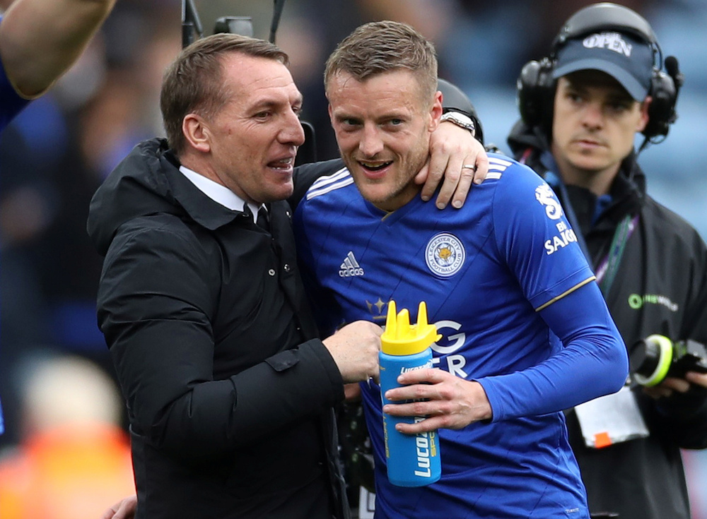 Leicester City manager Brendan Rodgers and Leicester Cityu00e2u20acu2122s Jamie Vardy celebrate after the Premier League match with Arsenal at King Power Stadium in Leicester April 28, 2019. u00e2u20acu201d Action Images pic via Reuters