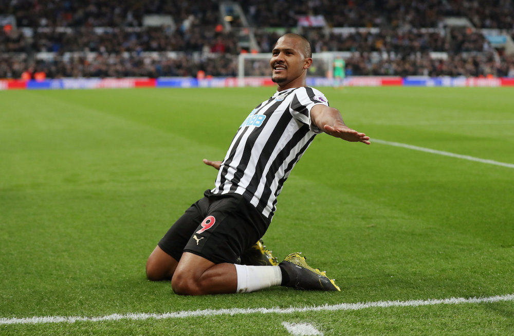 Newcastle Unitedu00e2u20acu2122s Salomon Rondon celebrates scoring their second goal during their Premier League match with Liverpool at St Jamesu00e2u20acu2122 Park in Newcastle May 4, 2019. u00e2u20acu201d Action Images pic via Reuters