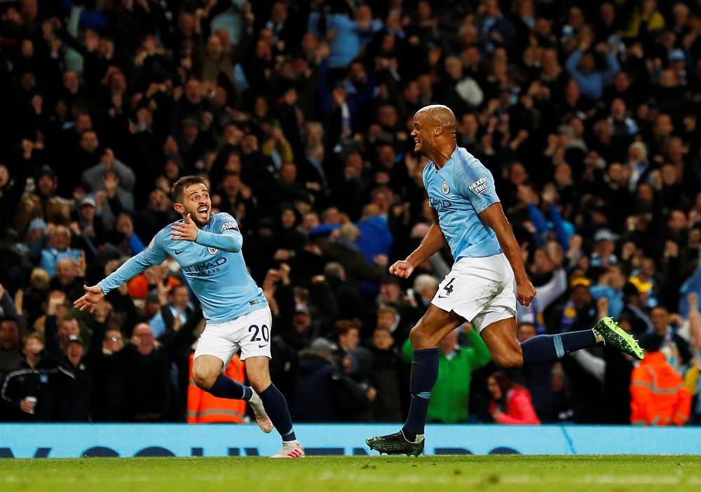Manchester Cityu00e2u20acu2122s Vincent Kompany celebrates scoring their first goal against Leicester City at the Etihad Stadium in Manchester May 6, 2019. u00e2u20acu201d Action Images via Reuters