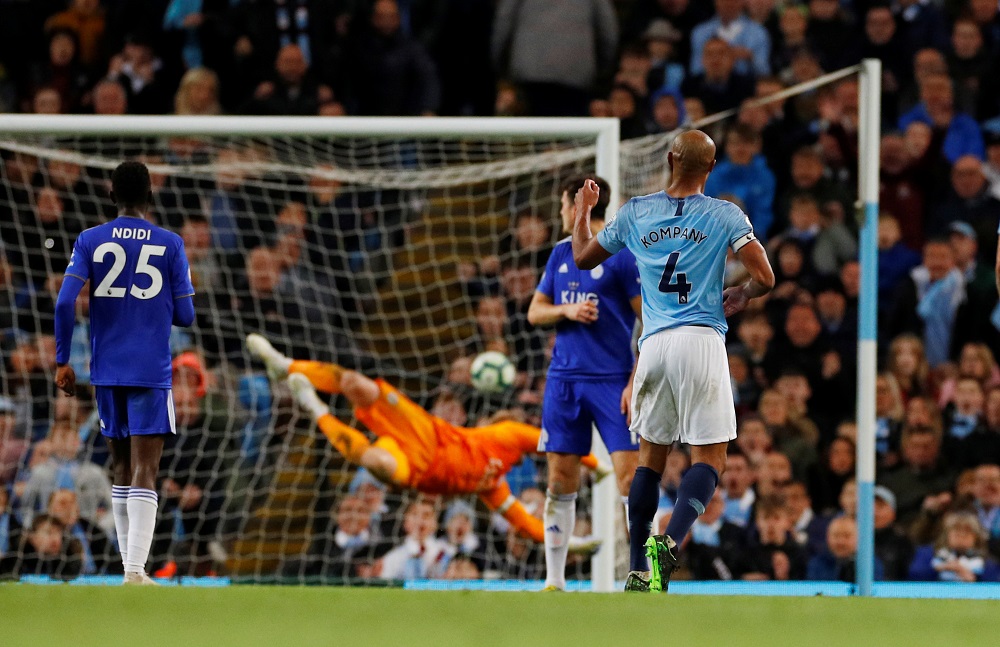 Manchester Cityu00e2u20acu2122s Vincent Kompany scores their first goal againsts Leicester City at Etihad Stadium in Manchester May 6, 2019. u00e2u20acu201d Reuters pic