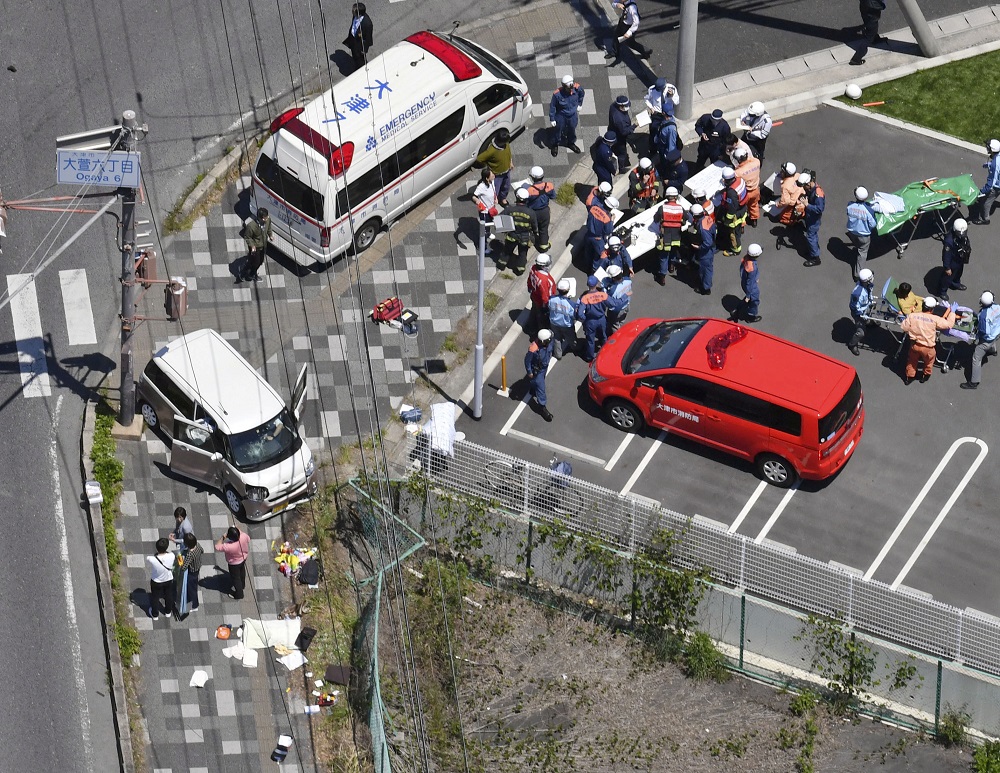 An aerial view shows the site where a car involved in an accident with another vehicle skidded into a group of nursery school children on a sidewalk, in Otsu, western Japan May 8, 2019. u00e2u20acu201d Picture courtesy of Kyodo via Reuters