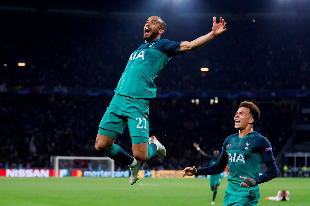 Tottenhamu00e2u20acu2122s Lucas Moura celebrates scoring their third goal with Dele Alli during their Champions League semi-final second leg match with Ajax in Amsterdam May 8, 2019. u00e2u20acu201d Action Images pic via Reuters
