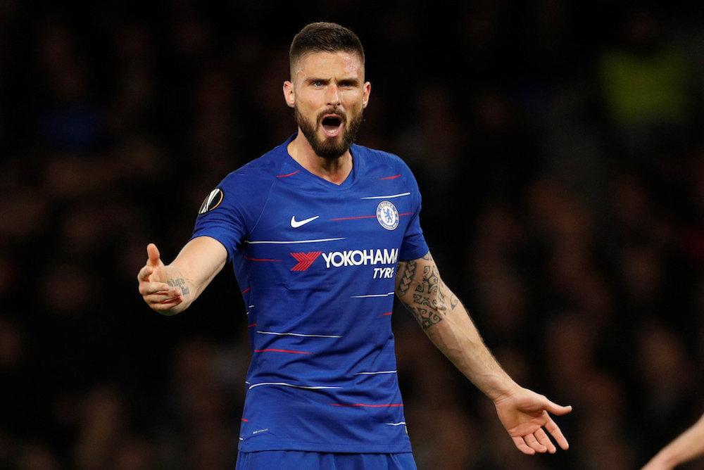 Chelseau00e2u20acu2122s Olivier Giroud reacts during the Europa League semi-final second leg match with Eintracht Frankfurt at Stamford Bridge in London May 9, 2019. u00e2u20acu201d Action Images pic via Reuters