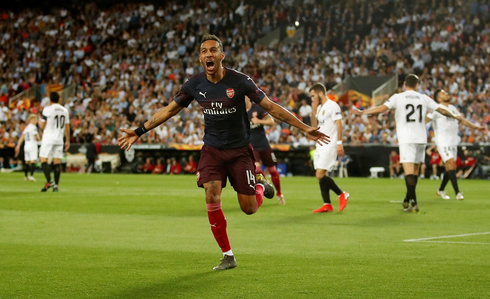 Arsenalu00e2u20acu2122s Pierre-Emerick Aubameyang celebrates scoring their first goal during their Europa League semi-final second leg match with Valencia at Mestalla in Valencia May 9, 2019. u00e2u20acu201d Action Images pic via Reuters