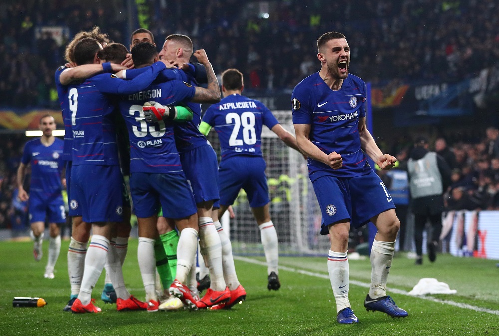 Chelseau00e2u20acu2122s Mateo Kovacic celebrates with Ross Barkley, Kepa Arrizabalaga and team mates after winning the penalty shootout against Eintracht Frankfurt at Stamford Bridge in London May 9, 2019. u00e2u20acu201d Reuters pic