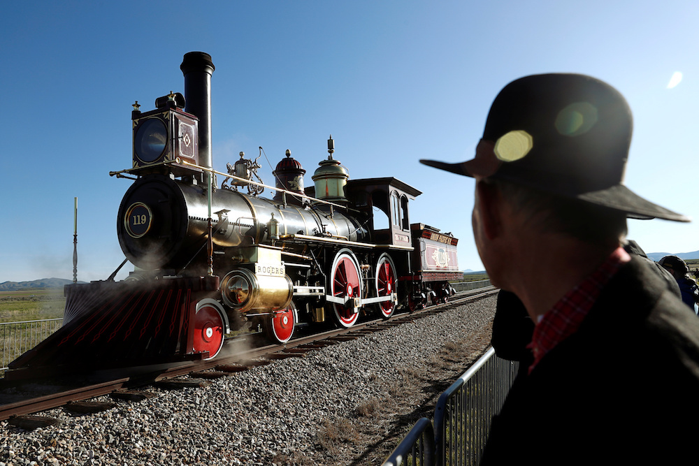 A replica of the historic No. 119 steam locomotive rolls across Promontory Summit on the 150th anniversary of the completion of the Transcontinental Railroad at Golden Spike National Historical Park in Promontory, Utah May 10, 2019. — Reuters pic