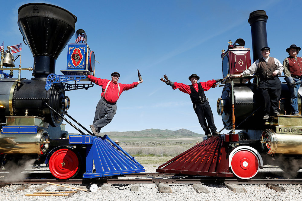 National Park Service volunteers re-enact Andrew J. Russellu00e2u20acu2122s 1869 u00e2u20acu02dcChampagne Toastu00e2u20acu2122 photo on the 150th anniversary of the completion of the Transcontinental Railroad in Promontory, Utah May 10, 2019. u00e2u20acu201d Reuters pic 