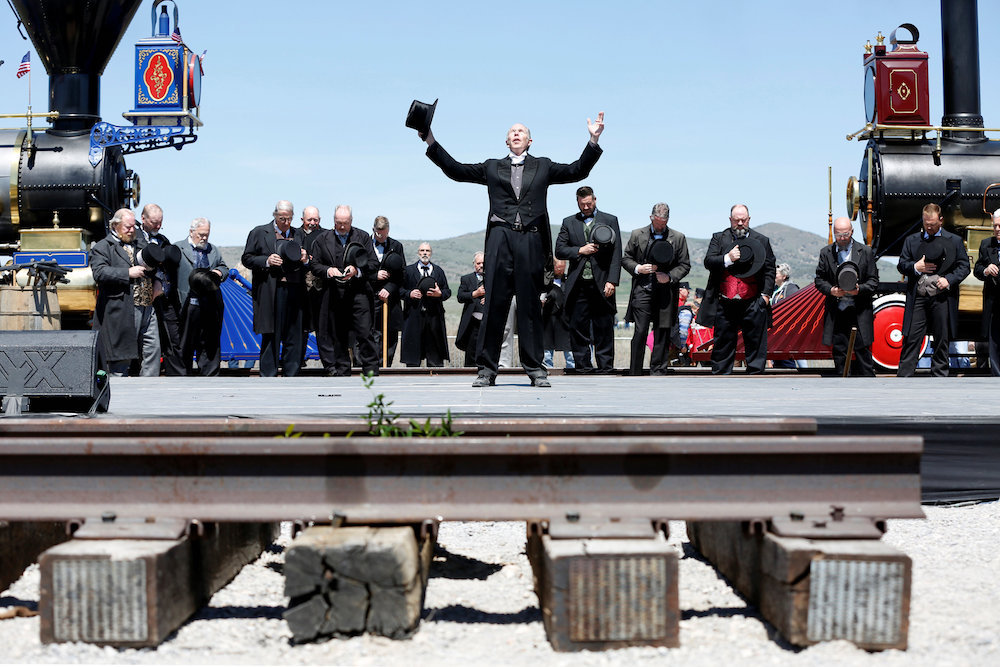 Performers pretend to drive the final spikes of the Transcontinental Railroad on the 150th anniversary of the railroad’s completion at Golden Spike National Historical Park in Promontory, Utah May 10, 2019. — Reuters pic