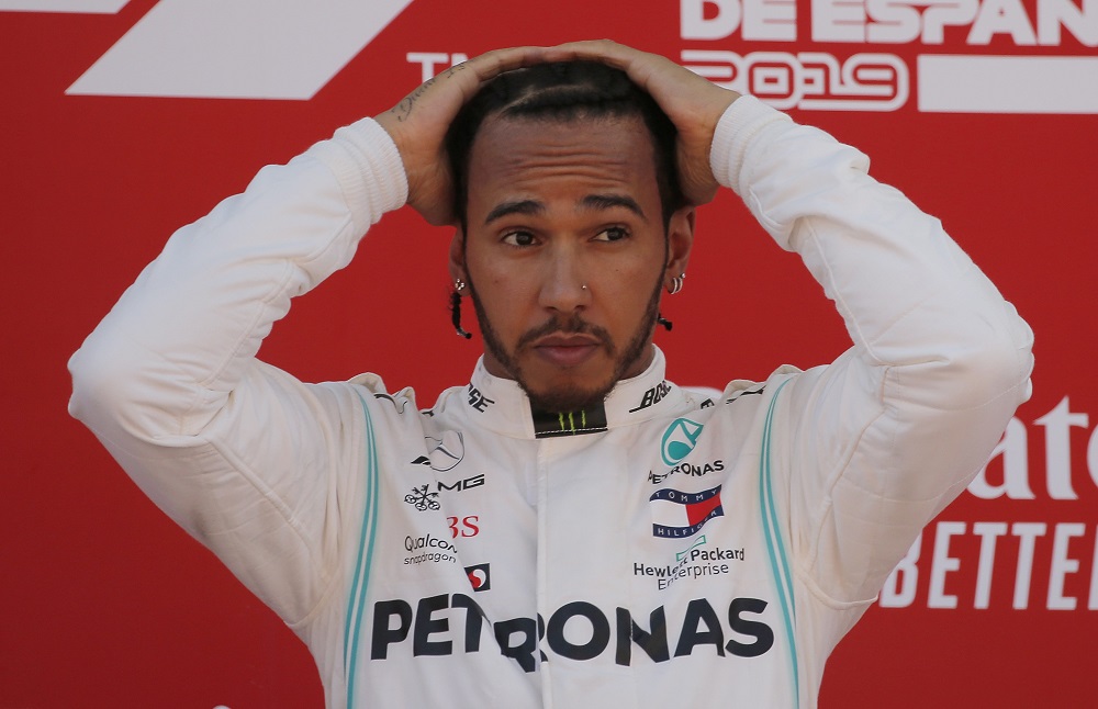First placed Mercedesu00e2u20acu2122 Lewis Hamilton on the podium at the Barcelona Circuit in Catalunya May 12, 2019. u00e2u20acu201d Reuters pic