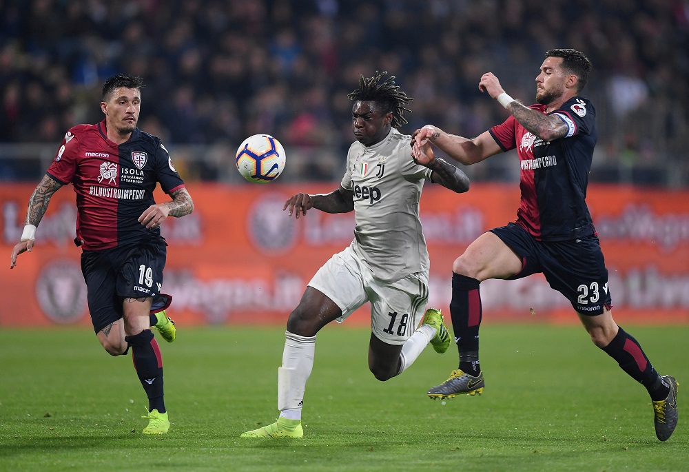 Juventus' Moise Kean in action with Cagliari's Luca Ceppitelli and Fabio Pisacane at the Sardegna Arena in Cagliari April 2, 2019. u00e2u20acu201d Reuters pic