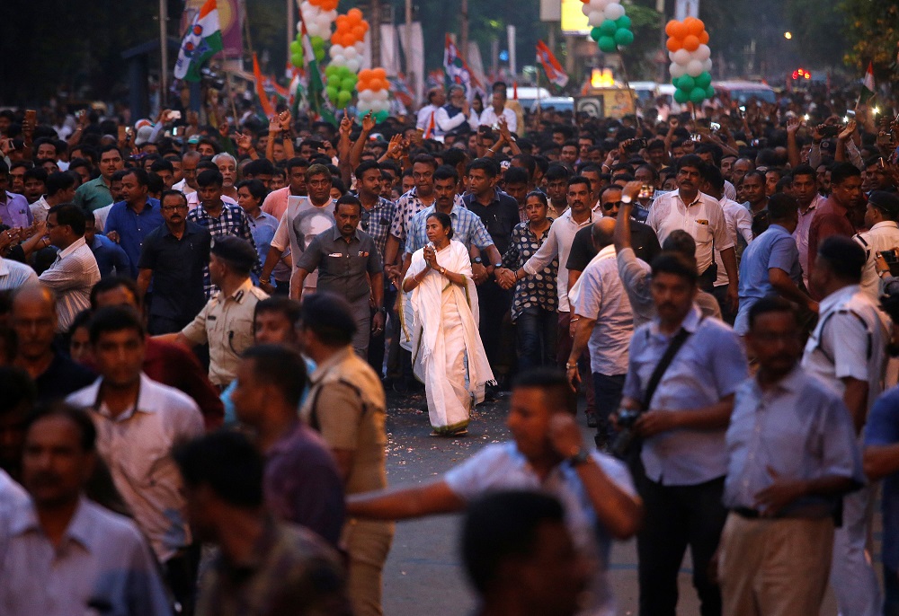 West Bengal Chief Minister Mamata Banerjee greets her supporters as she takes part in a protest march in Kolkata May 15, 2019. u00e2u20acu201d Reuters pic