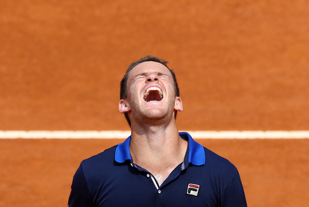 Argentinau00e2u20acu2122s Diego Schwartzman celebrates winning his quarter-final match against Japanu00e2u20acu2122s Kei Nishikori at the Italian Open in Rome in May 17, 2019. u00e2u20acu201d Reuters pic