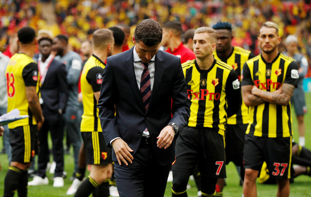 Watford manager Javi Gracia looks dejected after the FA Cup Final with Manchester City at Wembley Stadium in London May 18, 2019. — Action Images pic via Reuters