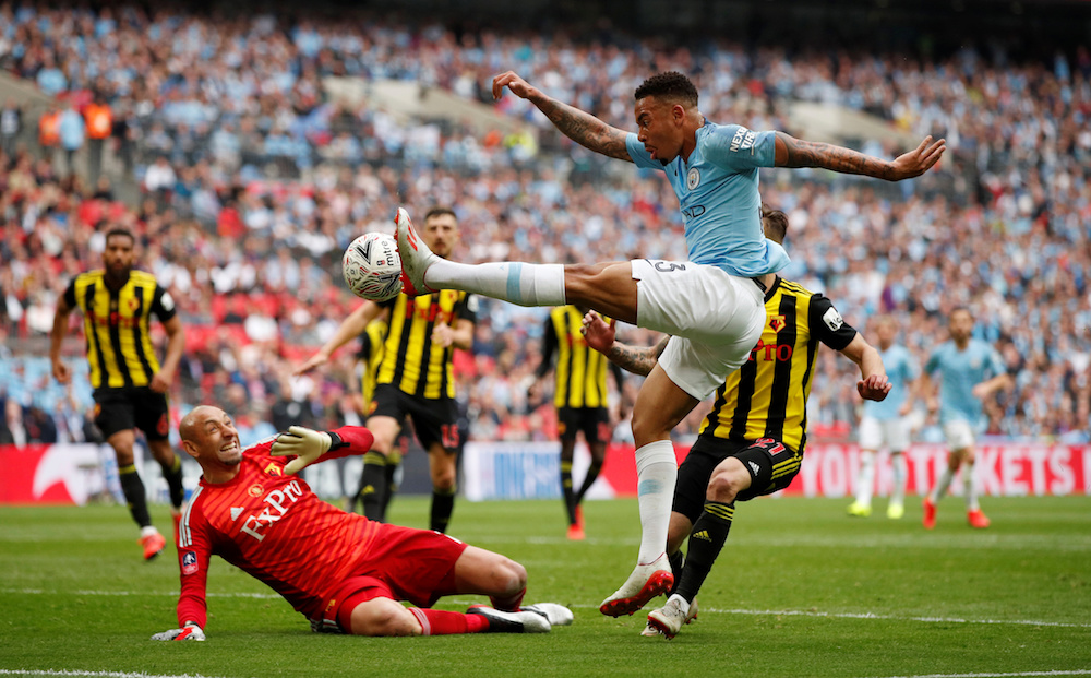 Manchester Cityu00e2u20acu2122s Gabriel Jesus scores their second goal during their FA Cup Final with Watford at Wembley Stadium in London May 18, 2019. u00e2u20acu201d Action Images pic via Reuters
