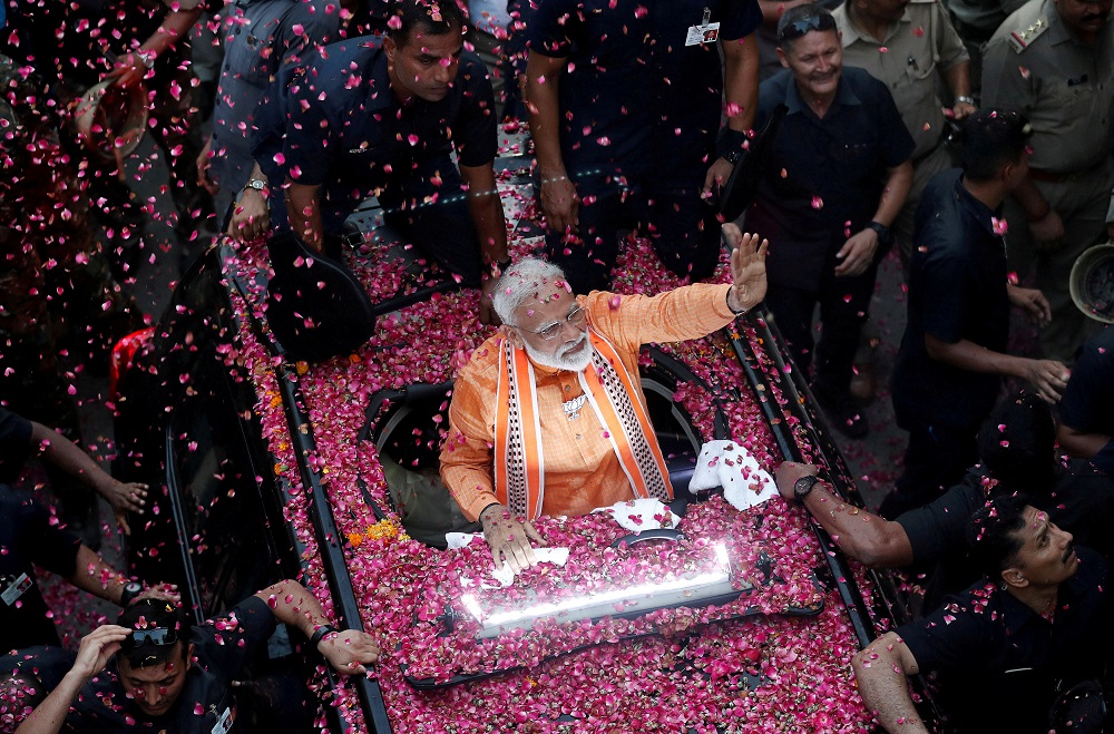 Indiau00e2u20acu2122s Prime Minister Narendra Modi waves towards his supporters during a roadshow in Varanasi April 25, 2019. u00e2u20acu201d Reuters pic