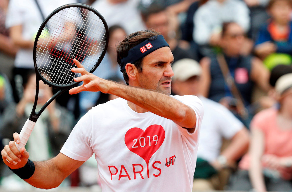 Switzerlandu00e2u20acu2122s Roger Federer attends a training session on the eve of the start of the 2019 French Open at Roland Garros in Paris May 25, 2019. u00e2u20acu201d Reuters pic