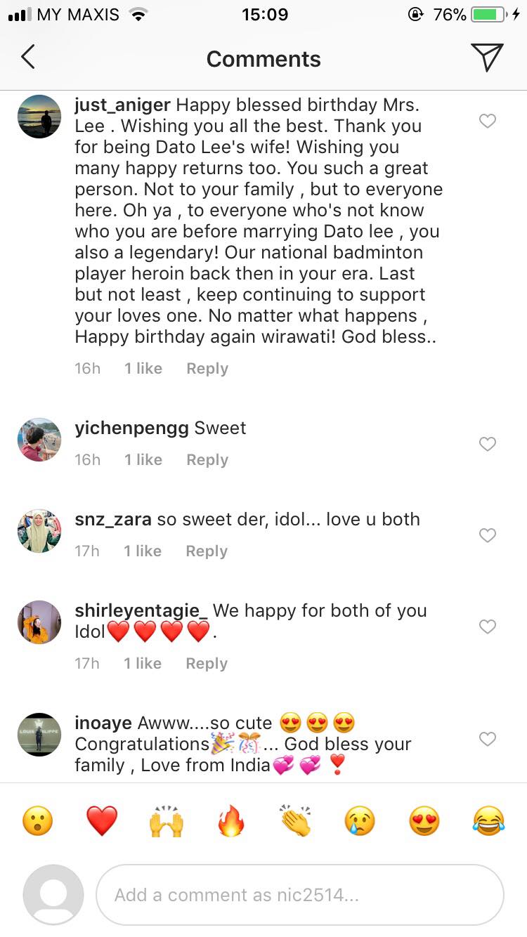 Comments from followers and fans showing their love for Datuk Lee Chong Wei and Datin Wong Mew Choo. — Screen capture via Instagram/leechongweiofficial