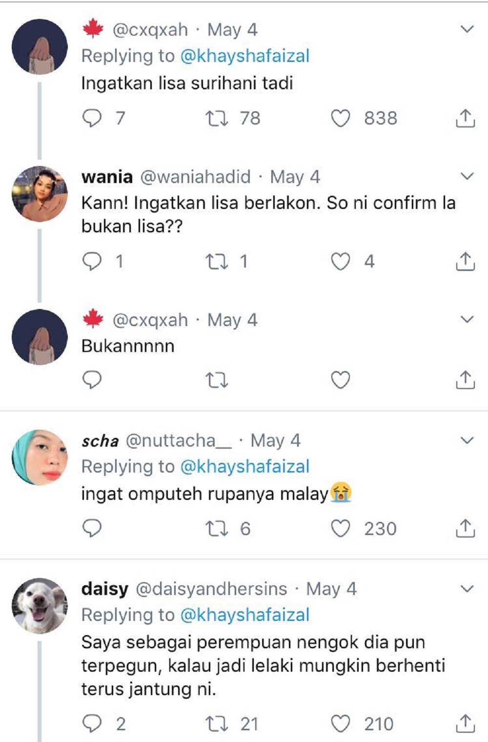 Comments from social media users on Khaysha’s good looks and striking resemblance to Lisa Surihani. — Screen capture via Twitter/KhayshaFaizal