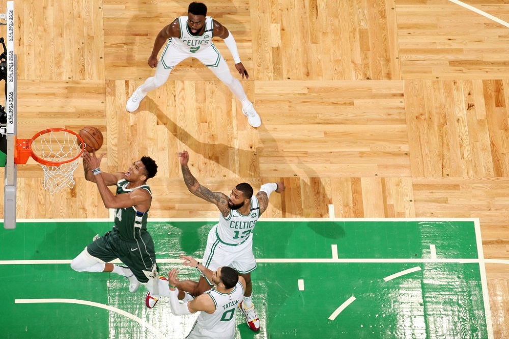 Giannis Antetokounmpo (34) of the Milwaukee Bucks goes to the basket against the Boston Celtics at the 2019 NBA Playoffs in Boston May 6, 2019. u00e2u20acu201d AFP pic