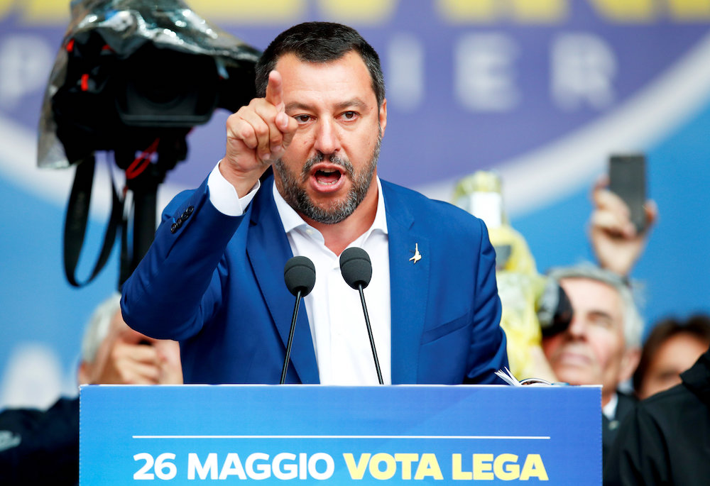 Italyu00e2u20acu2122s Deputy Prime Minister Matteo Salvini addresses a major rally of European nationalist and far-right parties ahead of EU parliamentary elections in Milan May 18, 2019. u00e2u20acu201d Reuters picnn