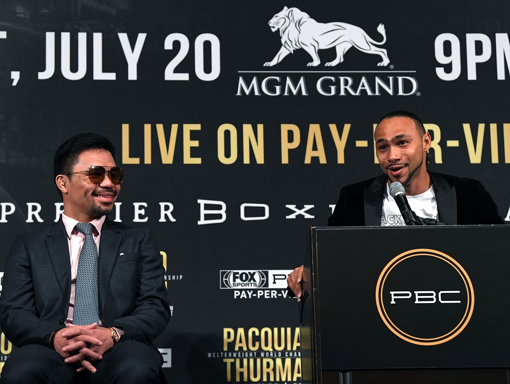 Keith Thurman speaks next to Manny Pacquiao during a press conference before their WBA Welterweight Championship fight in Beverly Hills, California May 22, 2019. u00e2u20acu201d AFP pic