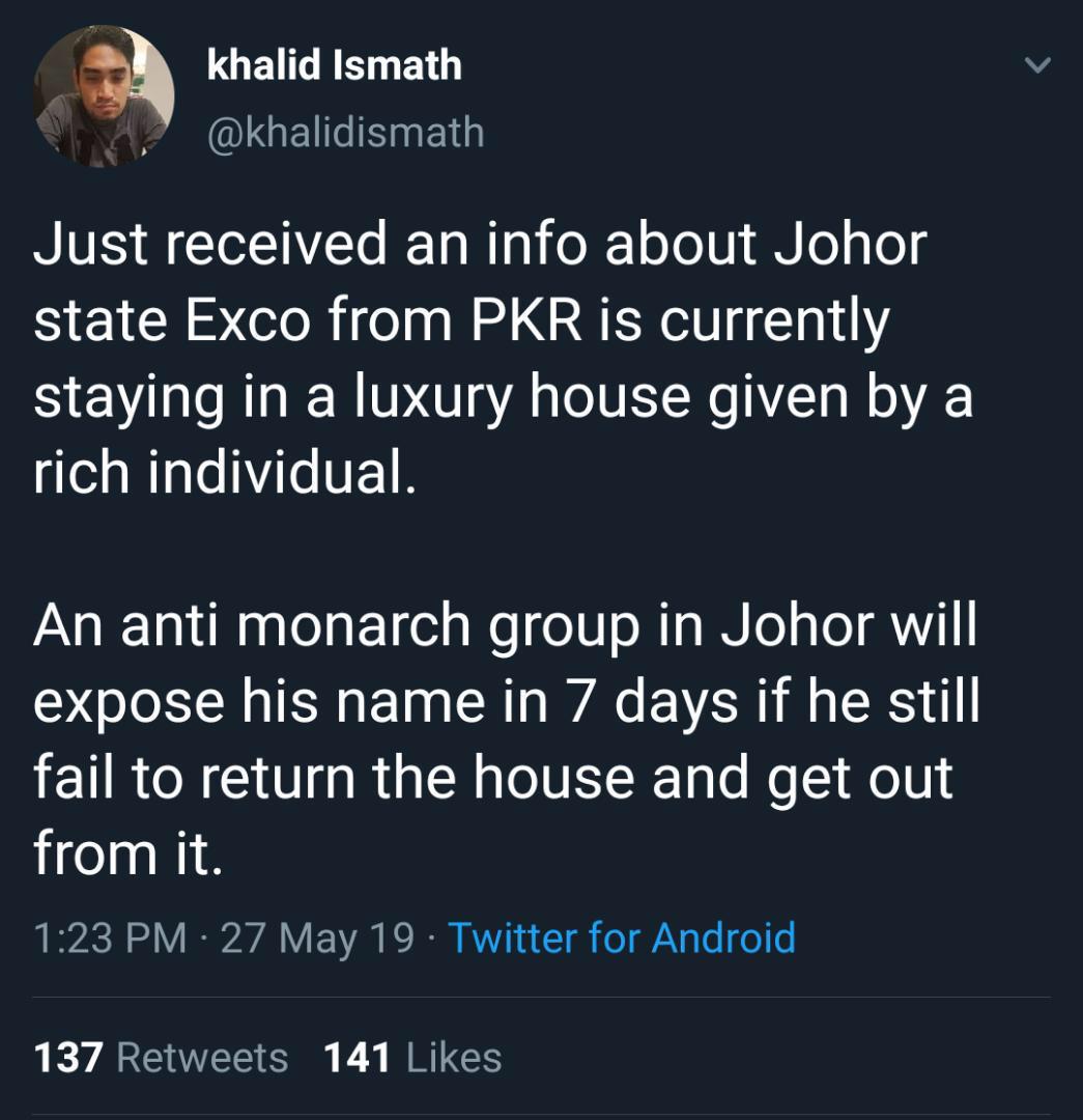 On Monday, political activist and Parti Sosialis Malaysia Youth chief Khalid Mohd Ismath issued a warning to the Johor executive council member. — Picture via Twitter/ khalid Ismath