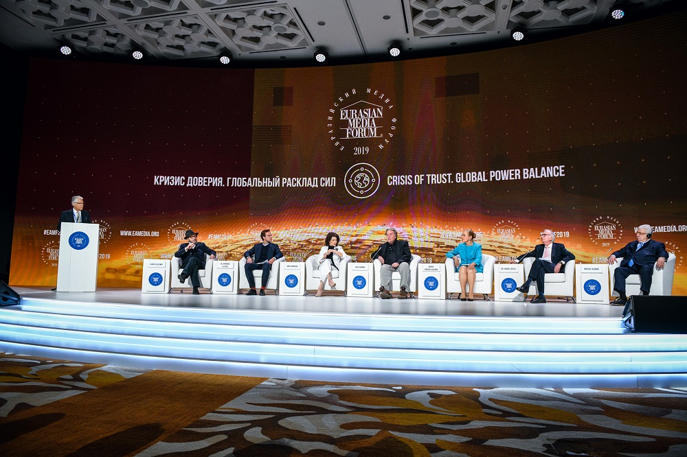International personalities speak during a session titled u00e2u20acu02dcCrisis of Trust. Global Power Balanceu00e2u20acu2122 at the Eurasian Media Forum 2019 in Almaty, Kazakhstan, May 24, 2019. u00e2u20acu201d Picture courtesy of the Eurasian Media Forum