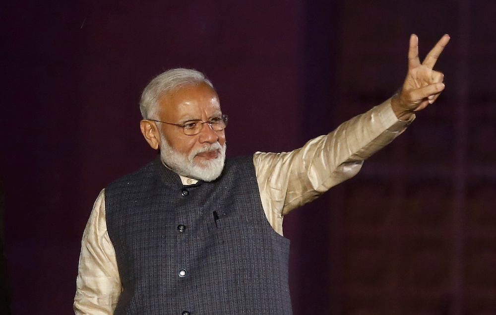 Indian Prime Minister Narendra Modi gestures towards his supporters after the election results at Bharatiya Janata Party (BJP) headquarters in New Delhi May 23, 2019. u00e2u20acu201d Reuters pic
