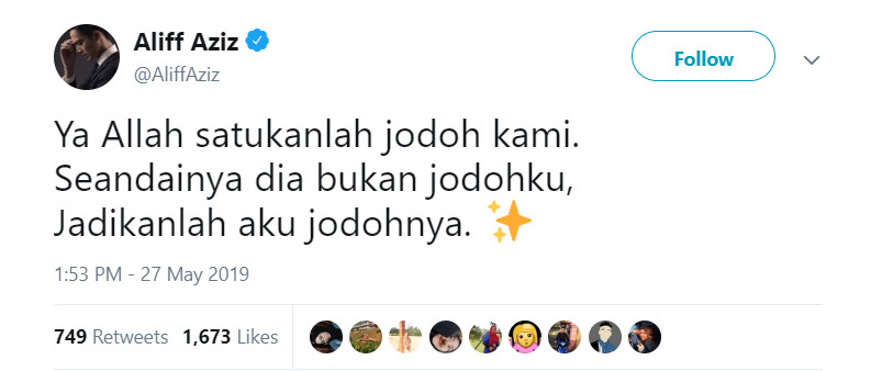 Aliff Aziz’s tweet hinting that he wants to patch things up with his ex-wife, Bella Astillah. — Screengrab via Twitter/AliffAziz