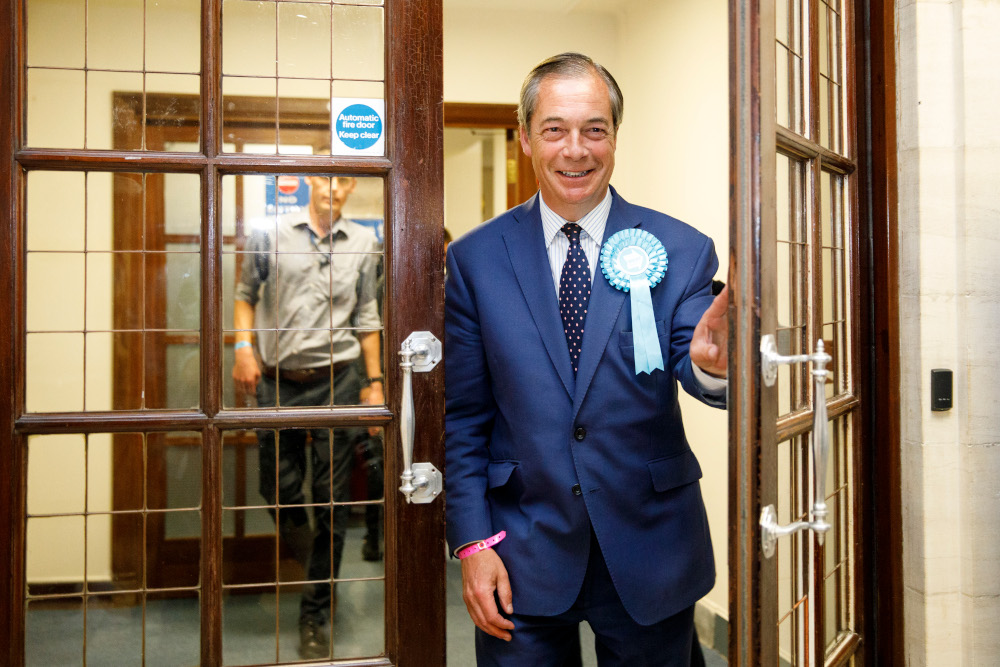 Brexit Party leader Nigel Farage reacts after the European Parliament election results for the UK South East Region are announced at the Civic Centre Southampton, Southern England, May 26, 2019. u00e2u20acu201d AFP pic 
