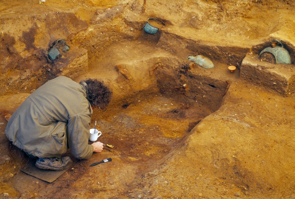 An undated handout picture released by the Museum of London Archaeology in London on May 9, 2019, shows an archaeologist excavating princely burial chamber discovered in Prittlewell, near Southend, southeast England. u00e2u20acu201d AFP pic      