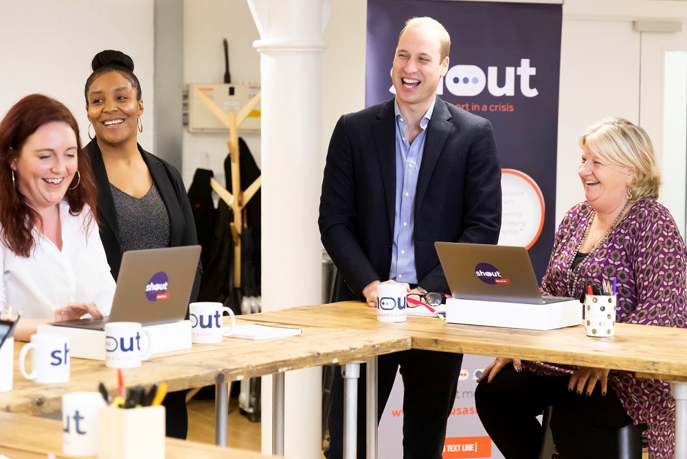 Britainu00e2u20acu2122s Prince William meets crisis volunteers working with Shout, a free text messaging service for anyone experiencing mental health crisis, in London in this handout photo released May 9, 2019. u00e2u20acu201d Shout/PA Wire/ Reuters pic      