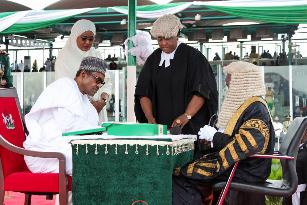 Nigerian President Muhammadu Buhari being sworn in during his inauguration ceremony in Abuja, Nigeria, May 29, 2019. u00e2u20acu201d Sunday Aghaeze /Nigerian Presidential Press Services picture via AFP