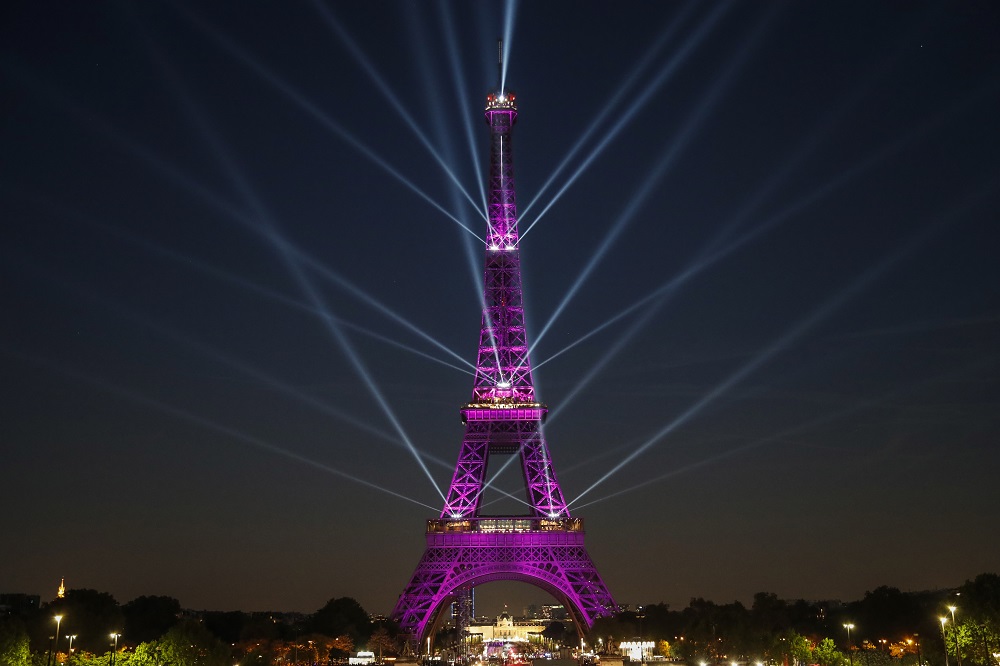 A picture taken on May 15, 2019 shows the Eiffel Tower during a light show celebrating the 130th anniversary of its construction, in Paris. u00e2u20acu201d AFP pic