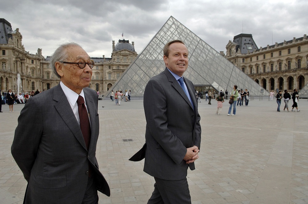 In this file photo taken on June 22, 2006, Chinese architect of the Louvre Pyramid Ieoh Ming Pei and the French Culture Minister Renaud Donnedieu de Vabres walk in the Napoleon courtyard of the Louvre museum in Paris. u00e2u20acu201d AFP pic        