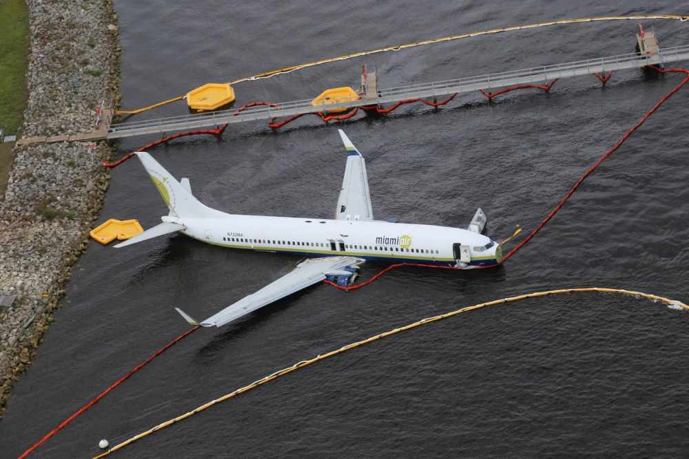 Aerial view of the Miami Air International Boeing 737-800 that overran the runway at NAS Jacksonville and came to rest in the St Johns River in Jacksonville, Florida May 4, 2019. u00e2u20acu2022 Handout via Reuters 