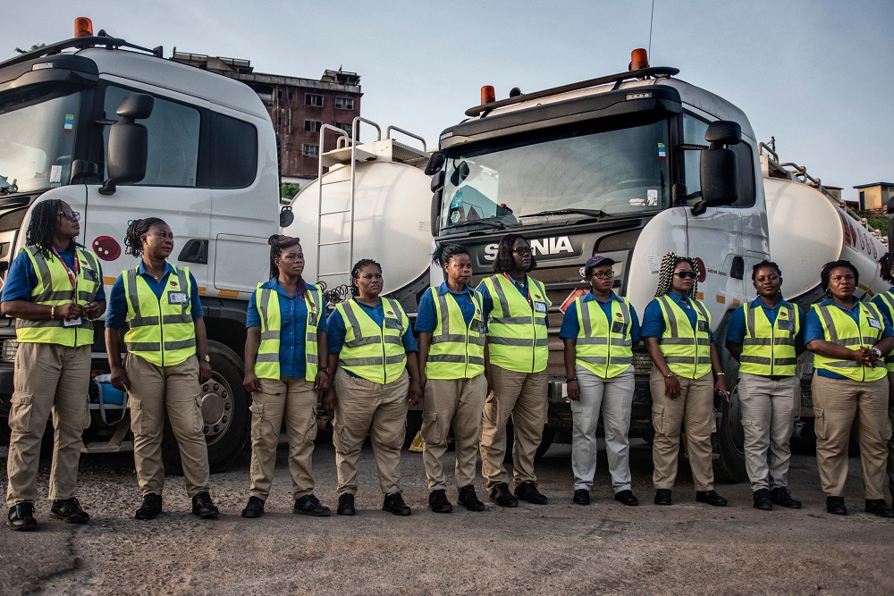 Female truck drivers stand at the Ladybird Logistics meeting point before the start of the workday in Takoradi, western Ghana April 3, 2019. u00e2u20acu201d AFP pic  