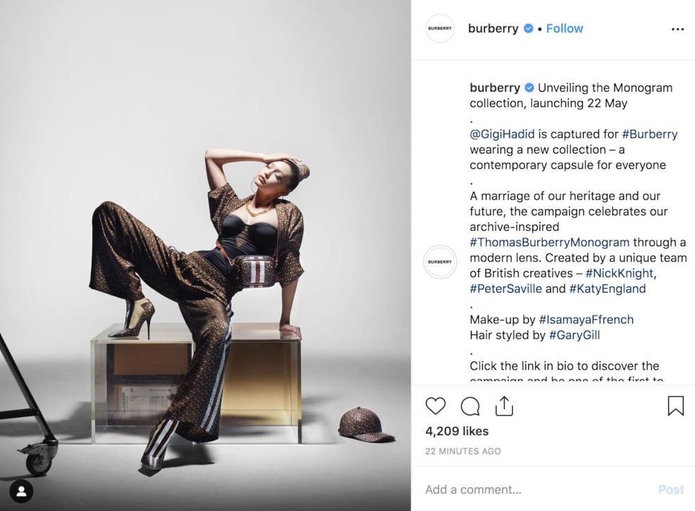 The supermodel has been snapped up by the British heritage fashion house for the first time to front the campaign for its new Monogram collection. u00e2u20acu201d Picture via Instagram/burberry