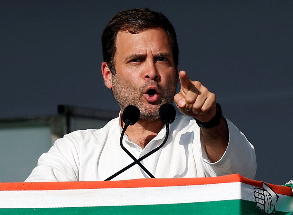 Rahul Gandhi, president of Indiau00e2u20acu2122s main opposition Congress party, addresses his partyu00e2u20acu2122s supporters during a public meeting in Gandhinagar, Gujarat, India, March 12, 2019. u00e2u20acu201d Reuters pic
