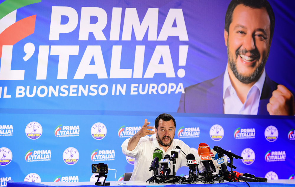 Italian Deputy Prime Minister and Interior Minister Matteo Salvini gestures as he speaks during a press conference in the Lega headquarters in northern Milan following the results of the European parliamentary elections, May 27, 2019. u00e2u20acu201d AFP pic