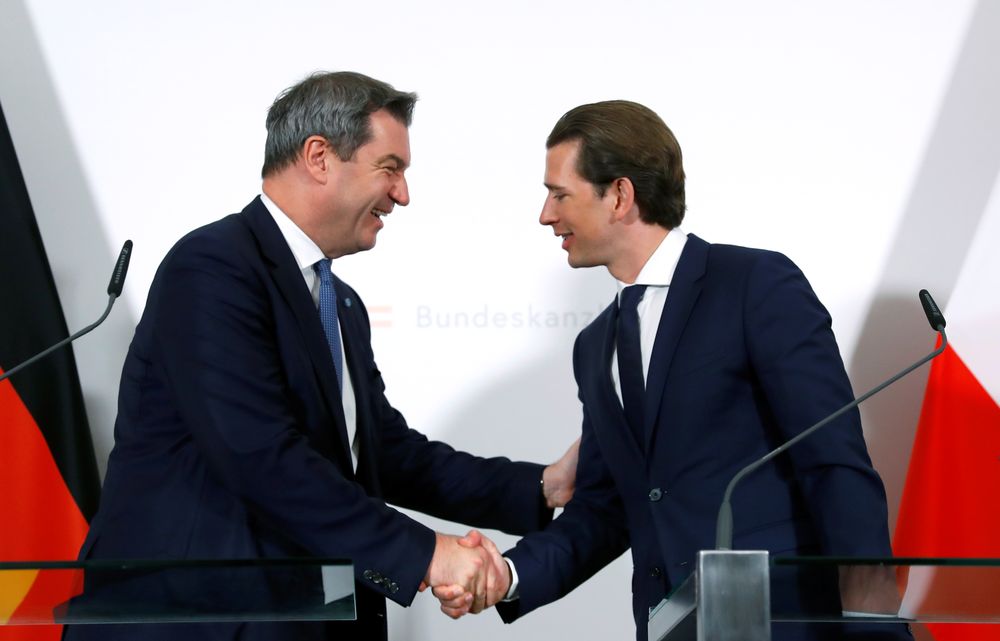 Premier of the German state of Bavaria Markus Soeder and Austrian Chancellor Sebastian Kurz shake hands after addressing the media in Vienna, Austria May 3, 2019. u00e2u20acu201d Reuters pic