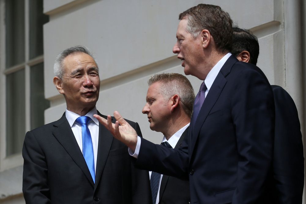 Chinau00e2u20acu2122s Vice Premier Liu He listens to US Trade Representative Robert Lighthizer as they exit the office of the US Trade Representative following a second day of last ditch trade talks in Washington, May 10, 2019. u00e2u20acu201d Reuters pic
