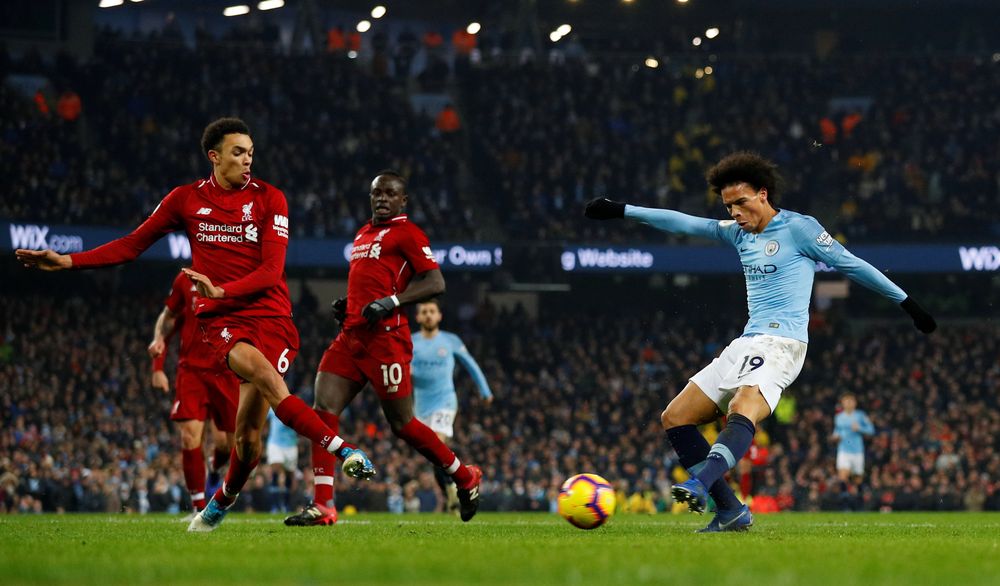 Manchester Cityu00e2u20acu2122s Leroy Sane scores their second goal against Liverpool during their Premier League match at Etihad Stadium, Manchester, January 3, 2019. u00e2u20acu201d Reuters pic